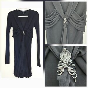 Byblos Black Snake Hardware Long Sleeve Vee Neckline Draped Pencil Fitted Dress